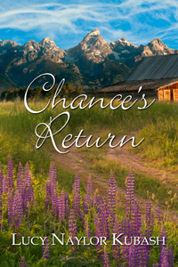 Book cover shows a meadow filled with wildflowers with mountains and a cabin in the background. 